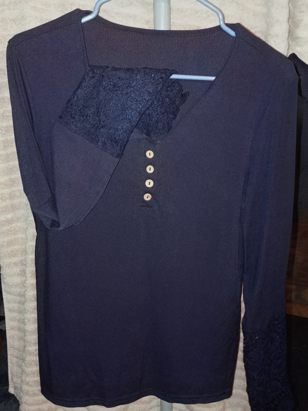 Women's Navy Long-Sleeve Lace Cuff Henley Top